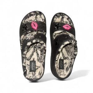 CROCS Women's Black and White Fuzzy Slippers Size 11